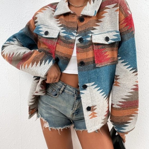 . Jackets & Blazers - Boho Geometric Print Flap Pocket Jacket
